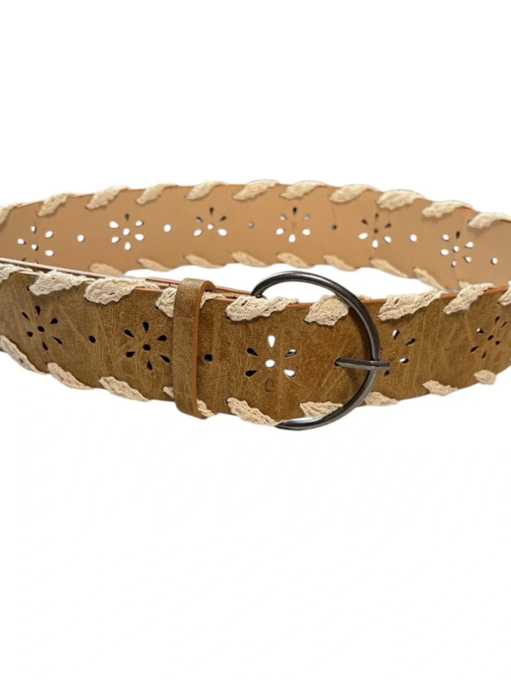 Boho fairycore faux leather belt with white lace trim, lasercut flowers. Small